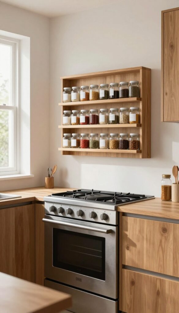 Slim wall-mounted wooden spice rack with clear glass jars beside a stainless steel stove in a bright, clean kitchen.
