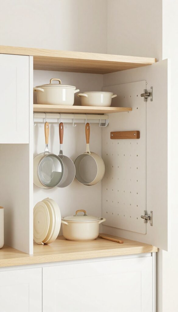 Pull-out pegboard inside a corner kitchen cabinet with pots and lids organized on hooks