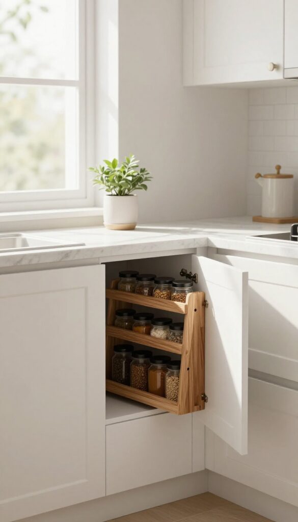 Open kitchen cabinet door with a warm wood tiered spice rack mounted inside, holding neatly arranged spice jars in a bright, airy kitchen
