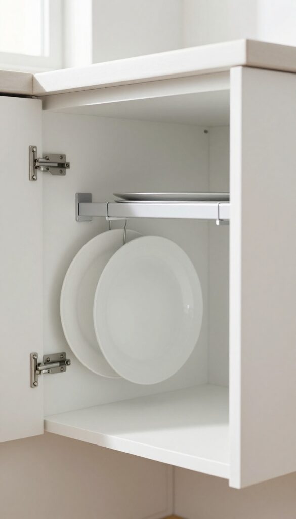 Magnetic strip on inside of cabinet door holding metal plates vertically, freeing up shelf space