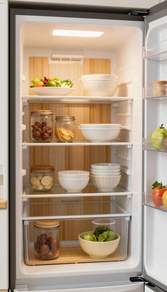 Samsung fridge interior with bamboo and linen liners, warm and organized food storage
