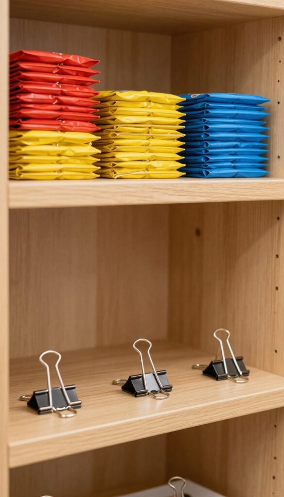 Binder clips attached to underside of pantry shelf holding chip bags flat