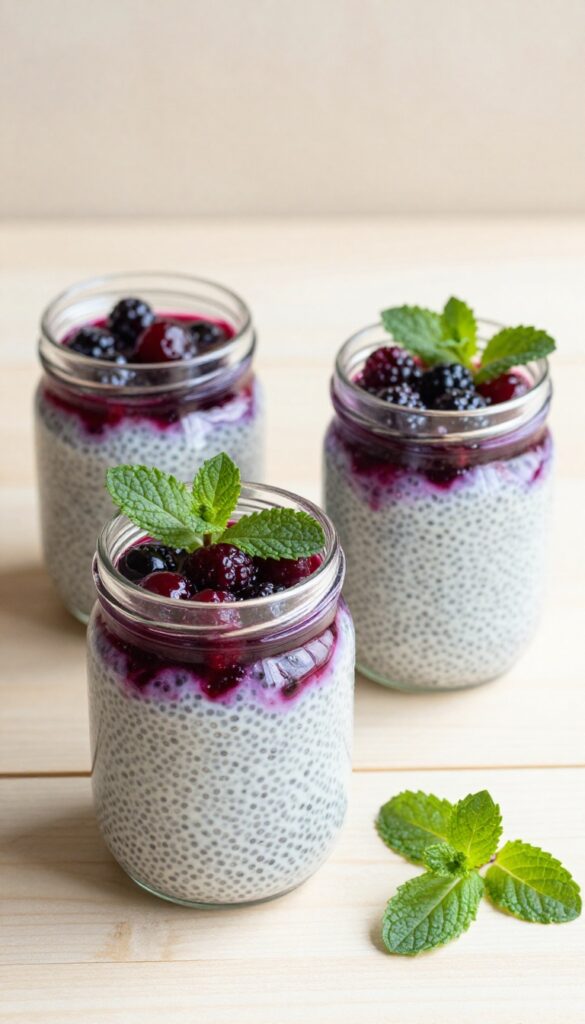 Two jars of keto vanilla chia pudding with berry compote swirl, garnished with mint, on a wooden table in natural light.