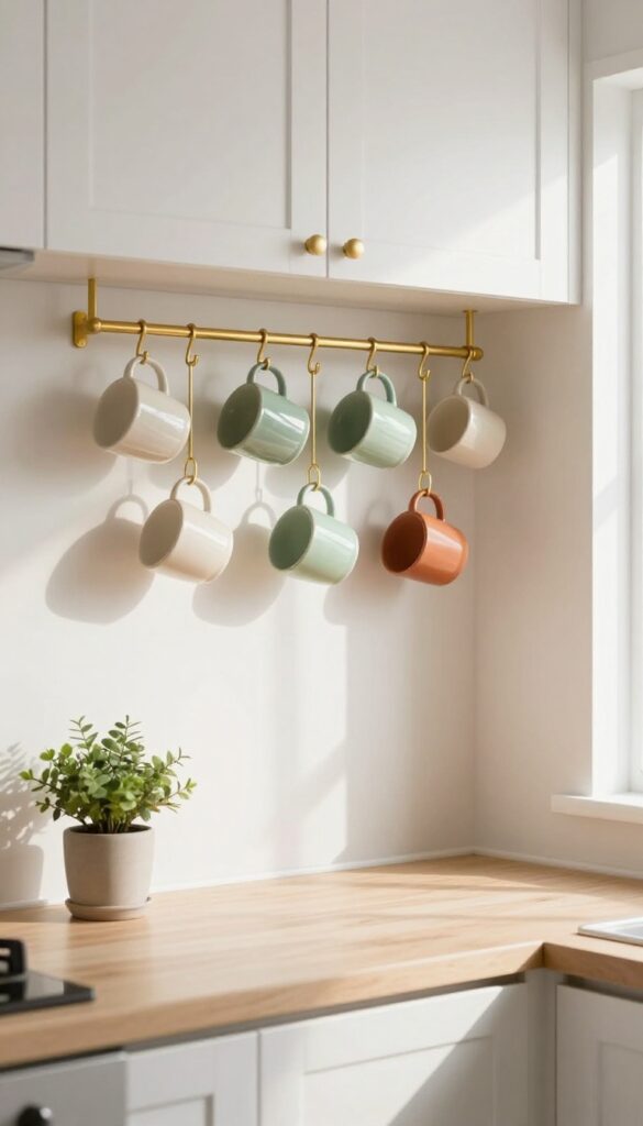 Under-cabinet hooks holding a row of colorful mugs in a bright kitchen