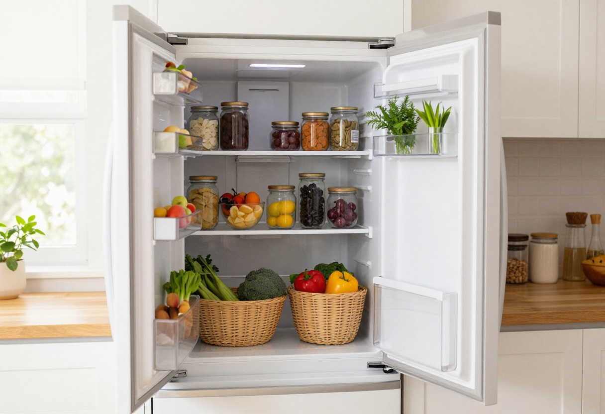 Aesthetic fridge interior with glass jars, produce baskets, and herbs in natural light