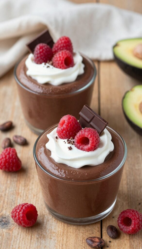 Avocado chocolate mousse with coconut cream and berry garnish in glass bowls on wooden table