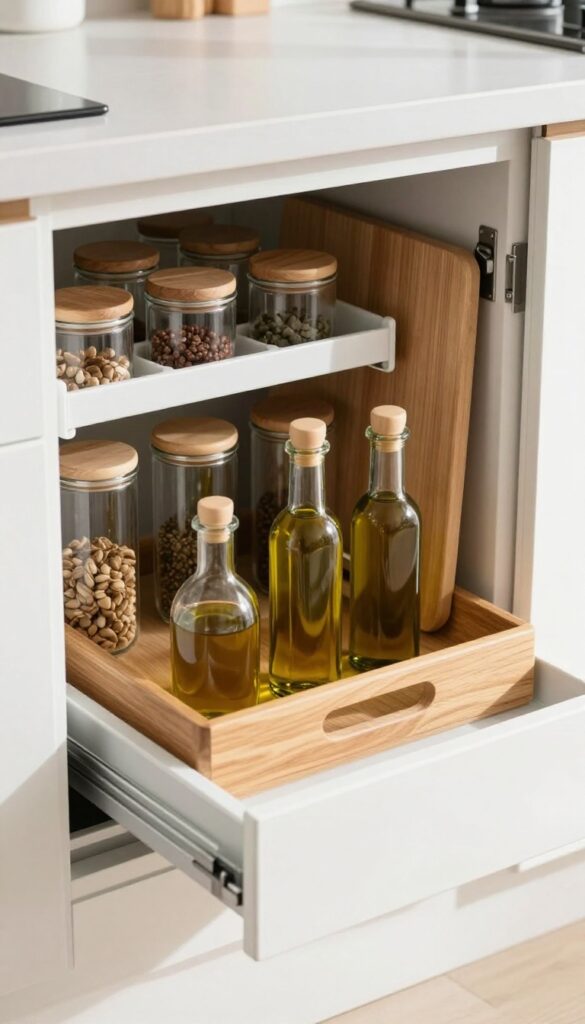 Pull-out drawer insert in a kitchen cabinet with spices and oils neatly organized