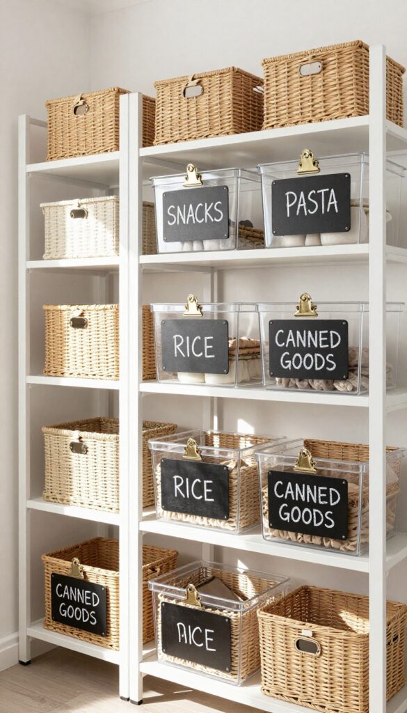 A clean modern pantry with wire shelving, woven baskets, and clear bins with clip-on chalkboard labels for organization.