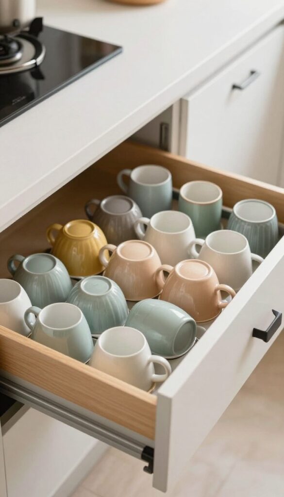 Deep kitchen drawer with cups stored flat in wooden dividers, organized and accessible