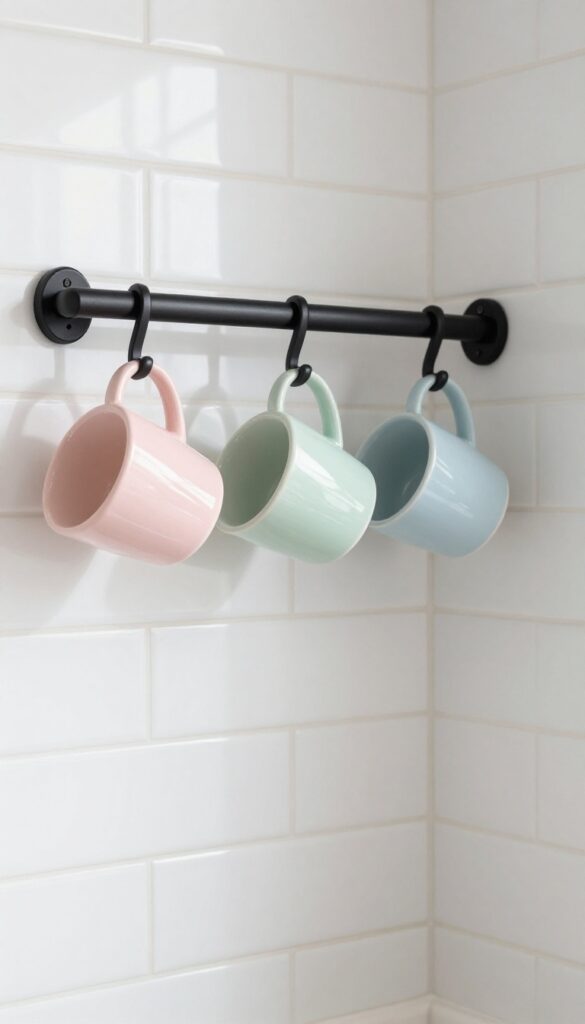 Wall-mounted rail with three pastel mugs hanging by handles on white subway tile in a bright kitchen.