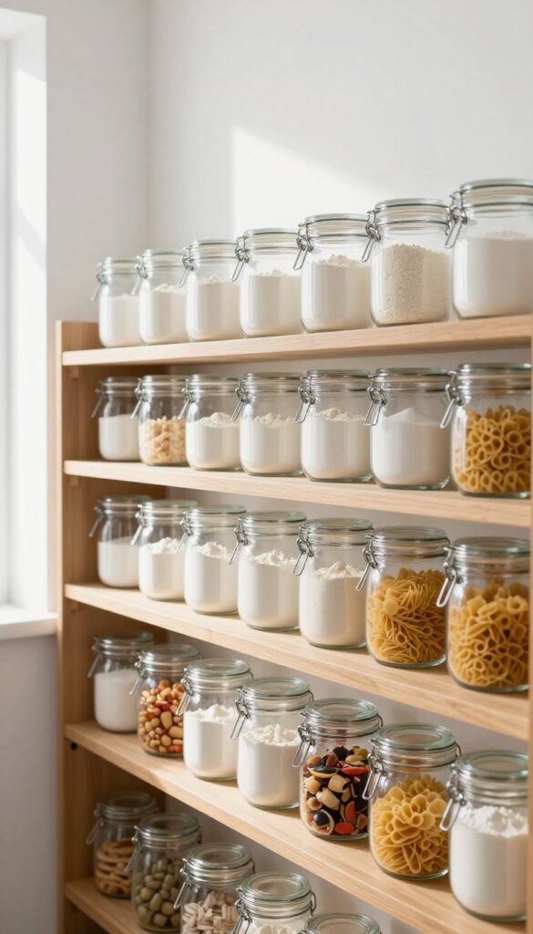 Identical glass jars filled with bulk pantry items on open shelves in a bright, organized pantry.