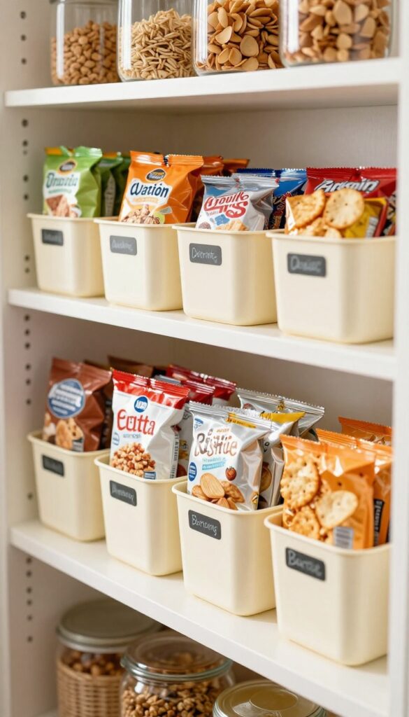 A pantry shelf with small cream bins filled with snacks, labeled and neatly arranged, creating a cozy snack station.