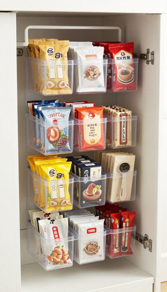 Clear plastic shoe organizer hanging over a pantry door, filled with small food packets and kitchen tools, bright natural light, photorealistic interior photography.