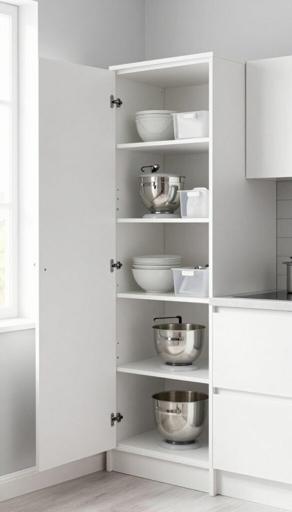 Diagonal corner cabinet with swing-out shelves in a bright kitchen, showing organized small appliances and bowls.