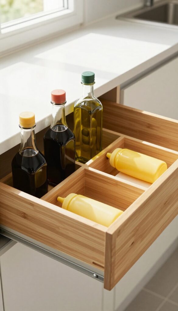 Deep kitchen drawer with bamboo dividers organizing condiment bottles upright, including soy sauce, olive oil, balsamic vinegar, and mustard, in natural light.