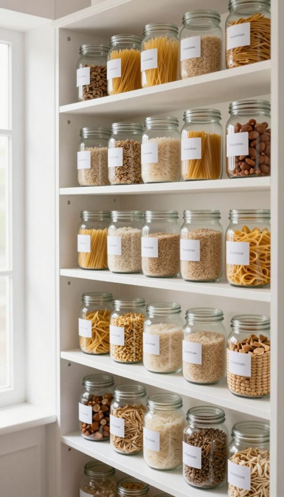 Organized pantry with labeled clear jars and bins, natural light, minimalist style