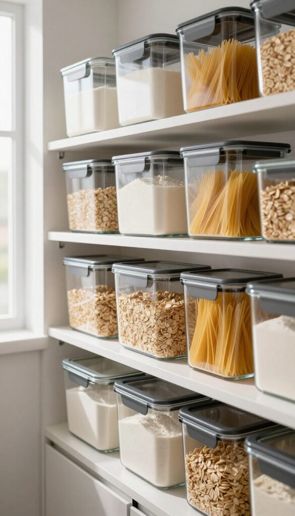 Organized pantry with clear airtight containers on shelves