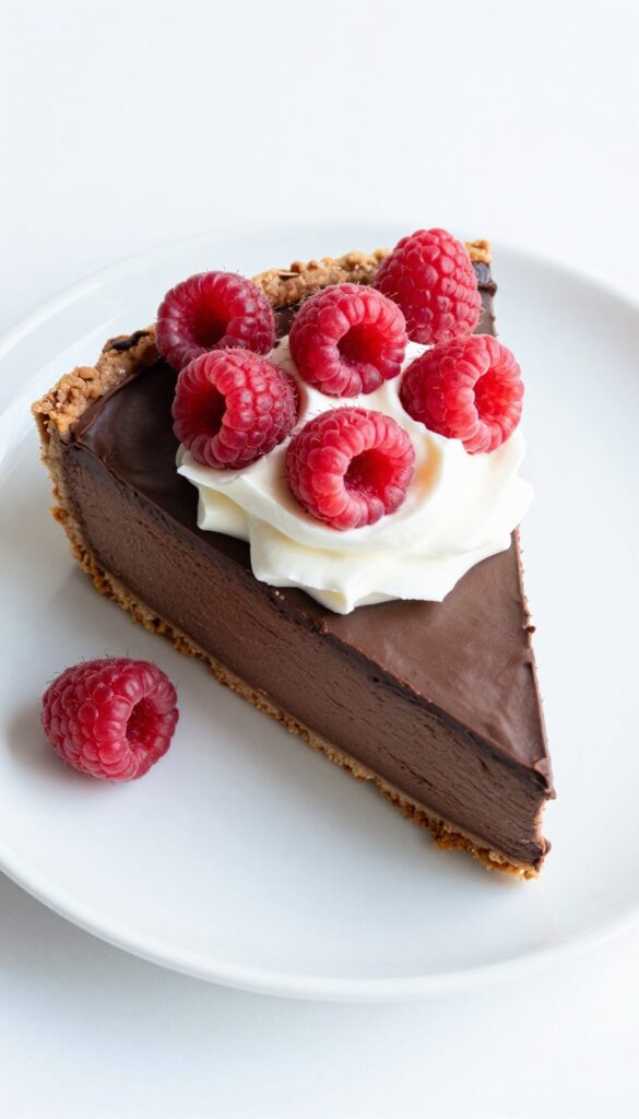 A slice of avocado chocolate mousse pie on a white plate, topped with coconut whipped cream and raspberries.