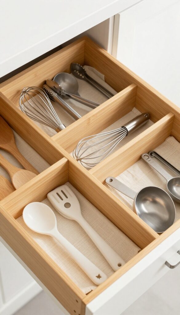 Organized kitchen drawer with wooden dividers and utensils neatly arranged in sections, lined with cream linen.