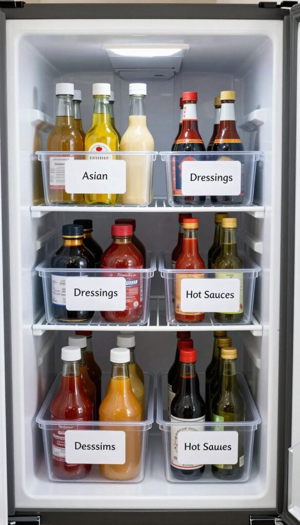 Organized refrigerator with labeled clear bins grouping condiments by cuisine, such as Asian sauces, dressings, and hot sauces.