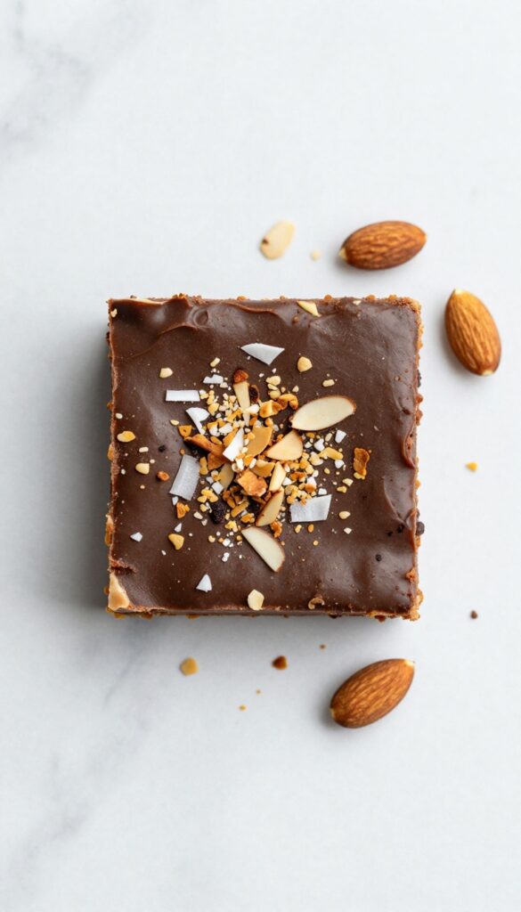 Keto peanut butter fudge with toasted coconut and almonds on a marble surface