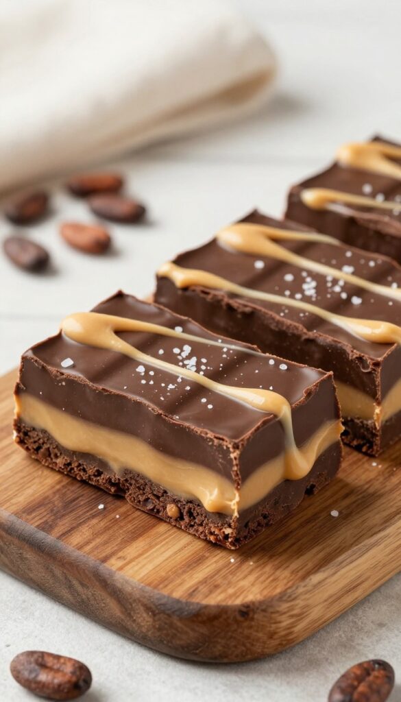 Classic Chocolate Swirl Peanut Butter Fudge squares on a wooden board with sea salt flakes