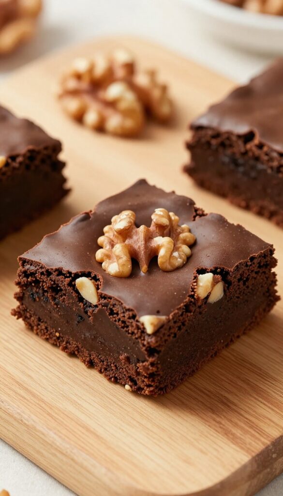 Walnut fudge keto brownie on wooden board