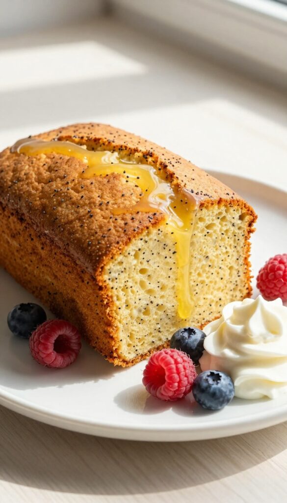 A slice of lemon poppy seed keto pound cake with glaze, berries, and whipped cream on a plate.