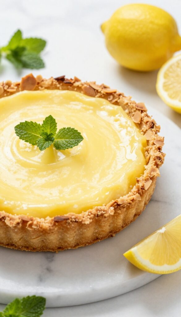 Keto lemon bar with almond crust on marble countertop