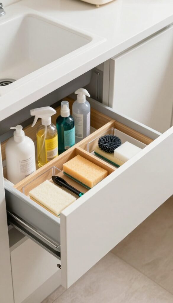 Pull-out drawer under sink with adjustable dividers organizing cleaning supplies
