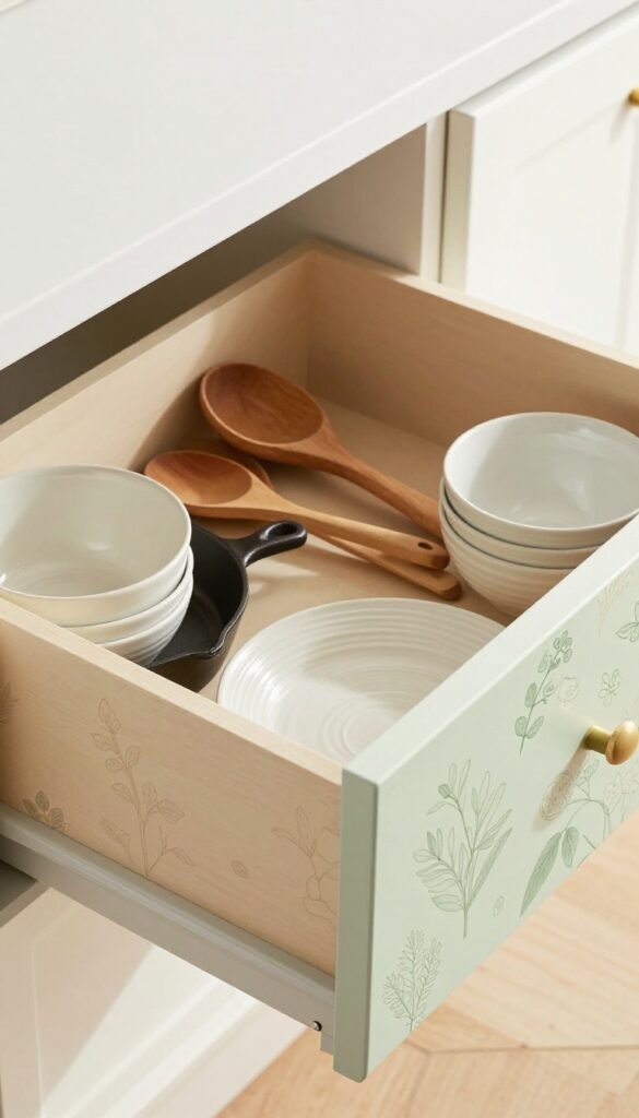 Open kitchen drawer with patterned contact paper liner, neatly arranged cookware, warm natural light.