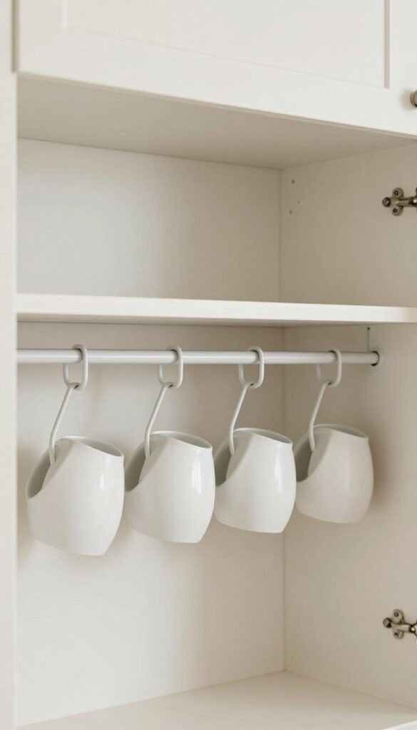 Under-shelf cup rack installed in a kitchen cabinet, holding matching white cups upside down, maximizing vertical storage space.