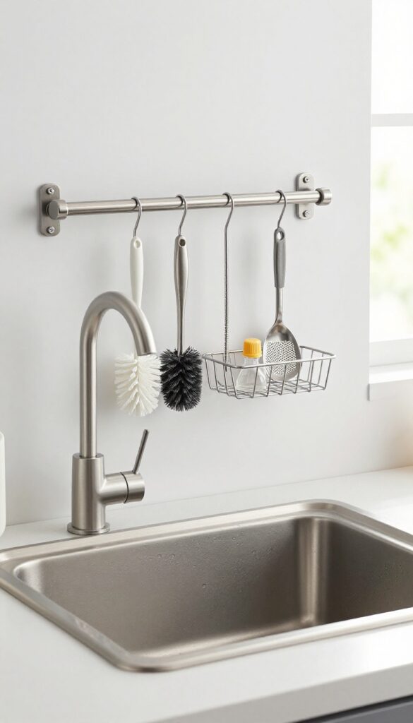 Stainless steel wall-mounted rail holding bottle brushes and nipple cleaners beside a kitchen sink.