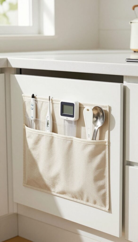 Over-the-door clear pocket organizer on a kitchen cabinet door, holding small gadgets like a thermometer and timer, with bright natural light.