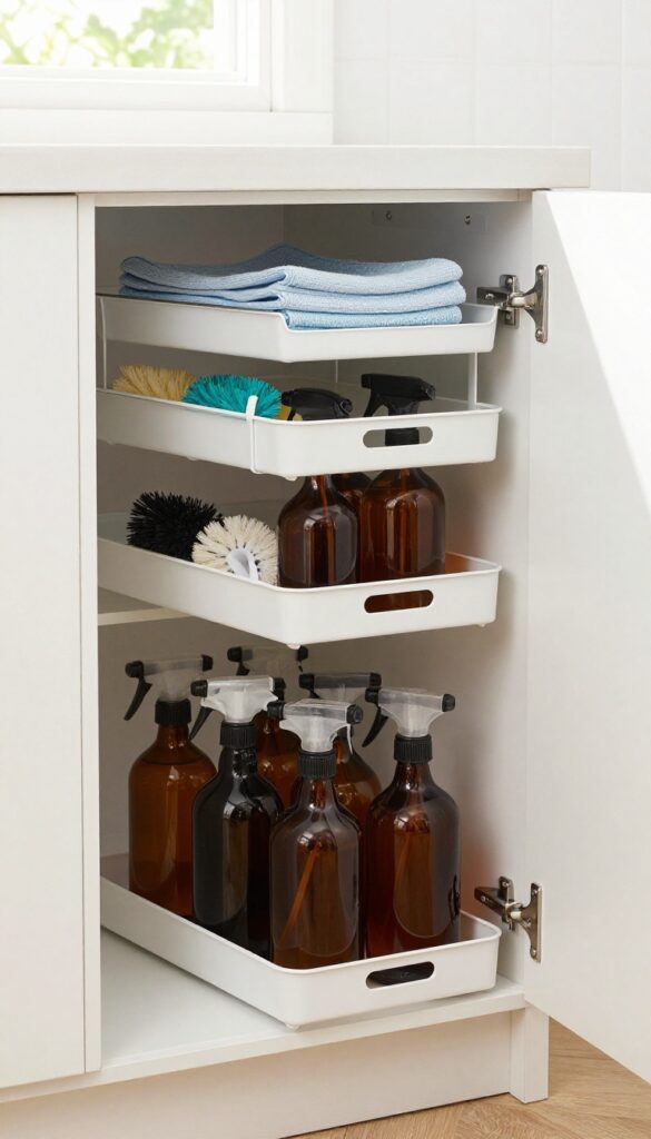 Pull-out tiered baskets under kitchen sink with organized cleaning supplies in amber glass bottles.