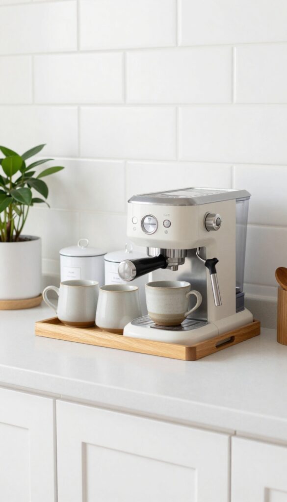 Cozy kitchen coffee station with tray, espresso machine, mugs, canisters, and plant on clean counter.