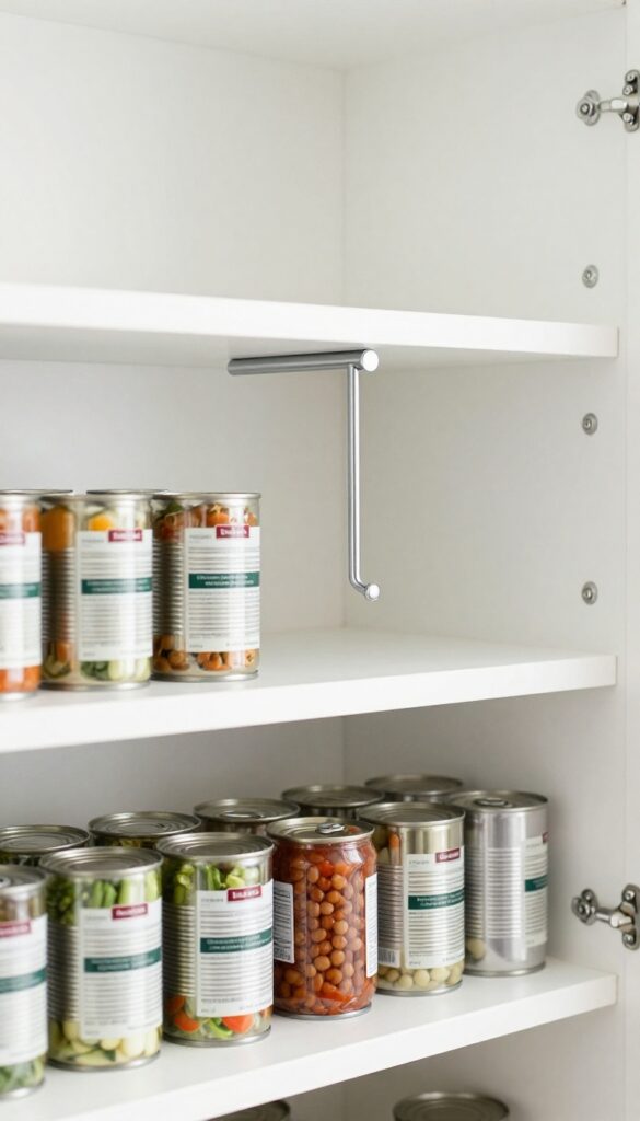 Tension rod installed on a pantry shelf creating a second level for small cans, with neatly organized canned goods below.