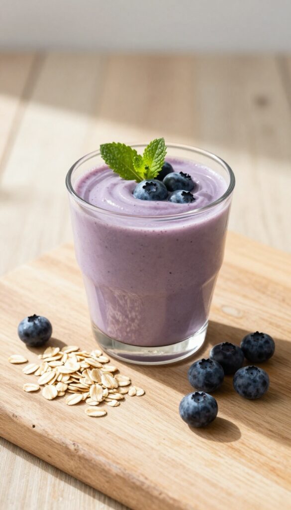Blueberry oat breakfast smoothie in a glass with fresh blueberries and oats on a wooden table