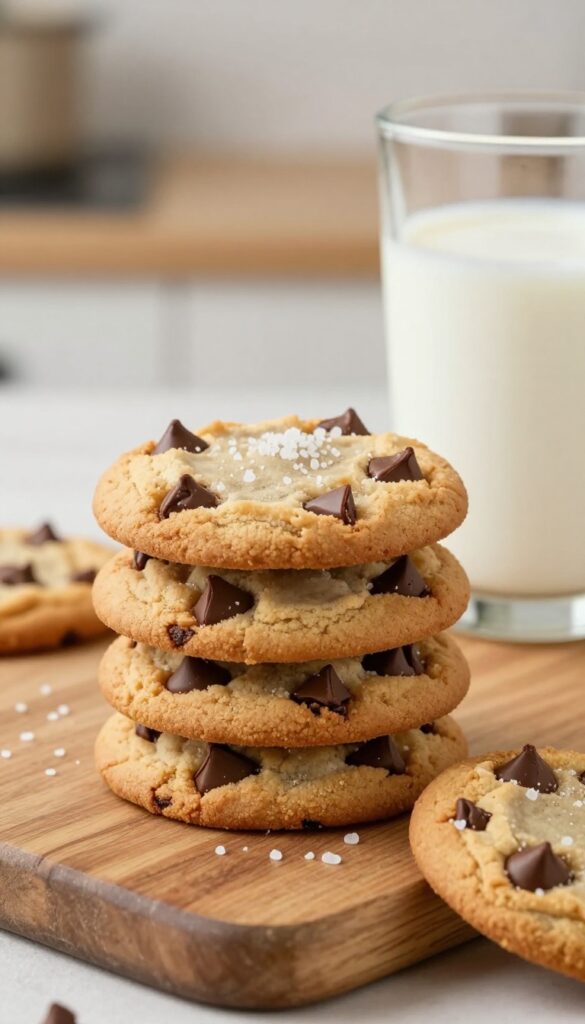 Stack of soft and thick gluten free chocolate chip cookies on a wooden table with a glass of milk