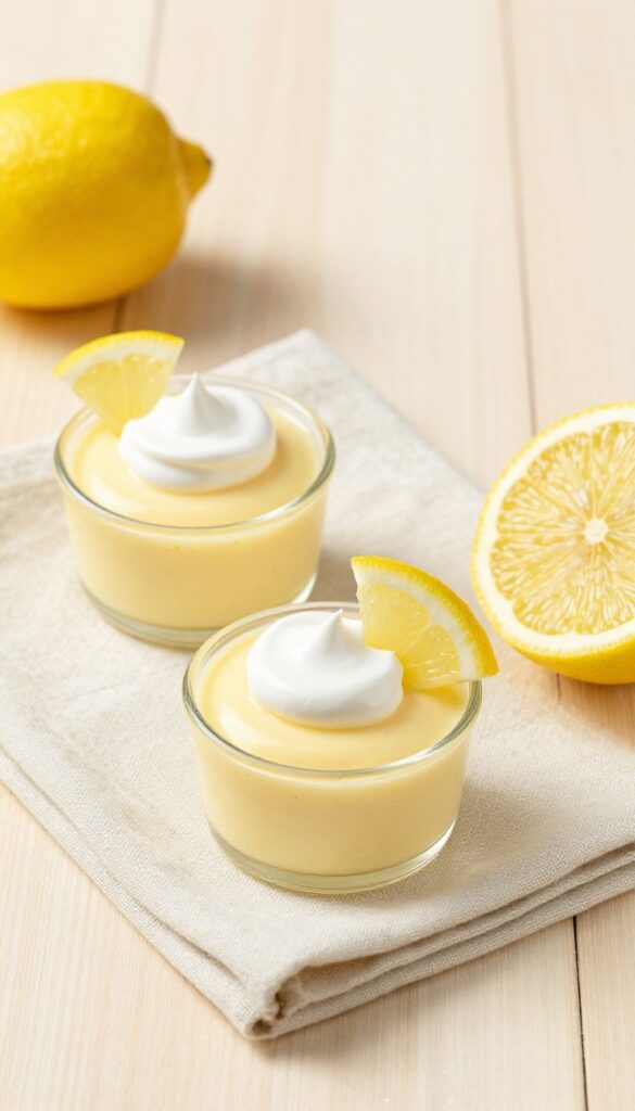 Two lemon vanilla custard cups with whipped cream and lemon slices on a wooden table.