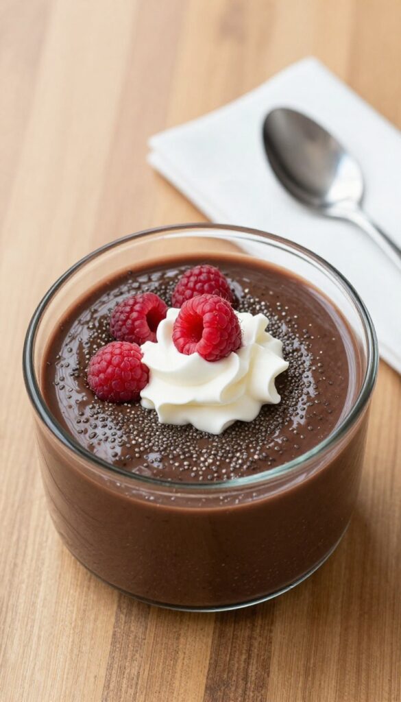 Classic creamy chocolate chia pudding in a glass jar with raspberries and whipped cream on a wooden table