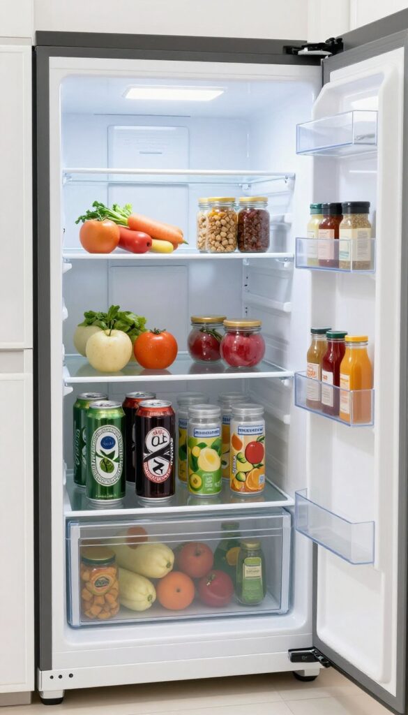 Organized French door fridge with clear acrylic shelf riser holding cans and jars on two tiers, bright natural light.