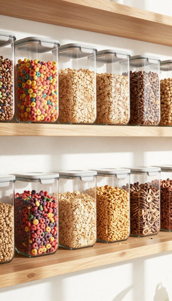 Airtight cereal dispensers mounted under a pantry shelf, filled with colorful cereal and oats, with a tray underneath.