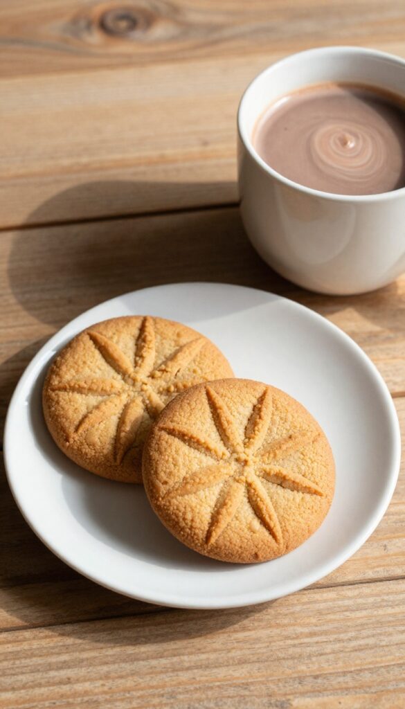 Classic no-bake peanut butter cookies on a wooden table with a mug of hot cocoa