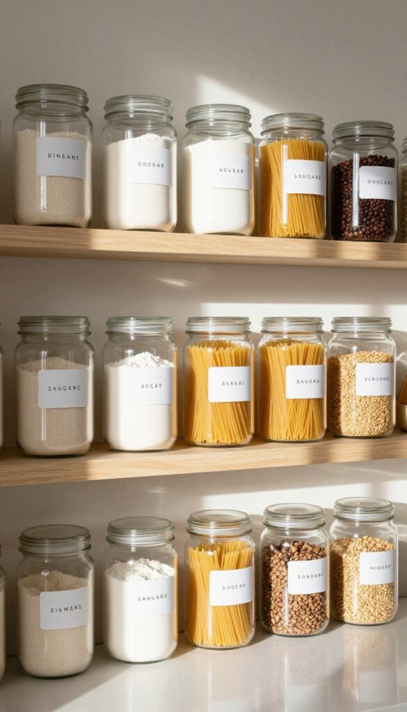 Kitchen pantry with labeled glass jars on open shelves, organized and clutter-free.