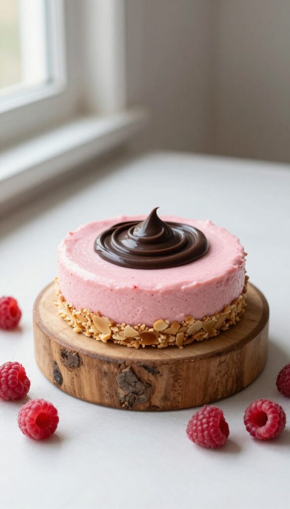Chocolate-drizzled raspberry cheesecake bars on a wooden board with fresh raspberries.