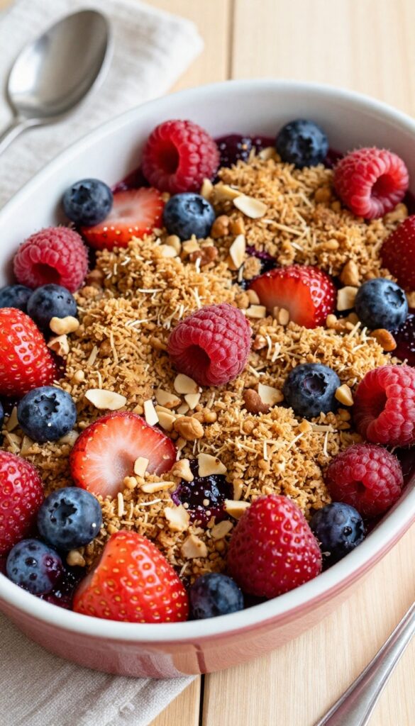 Warm keto berry crisp with coconut topping in a baking dish, berries bubbling, golden crumble, natural light, overhead view