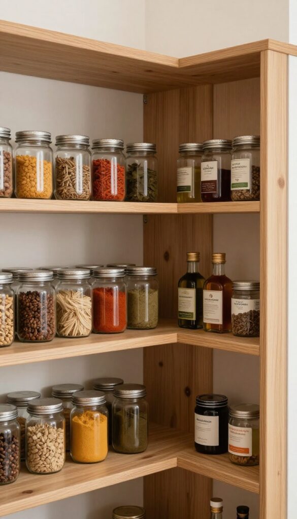 A pantry corner shelf with a wooden lazy Susan holding spices, oils, and small jars, organized and easy to access.