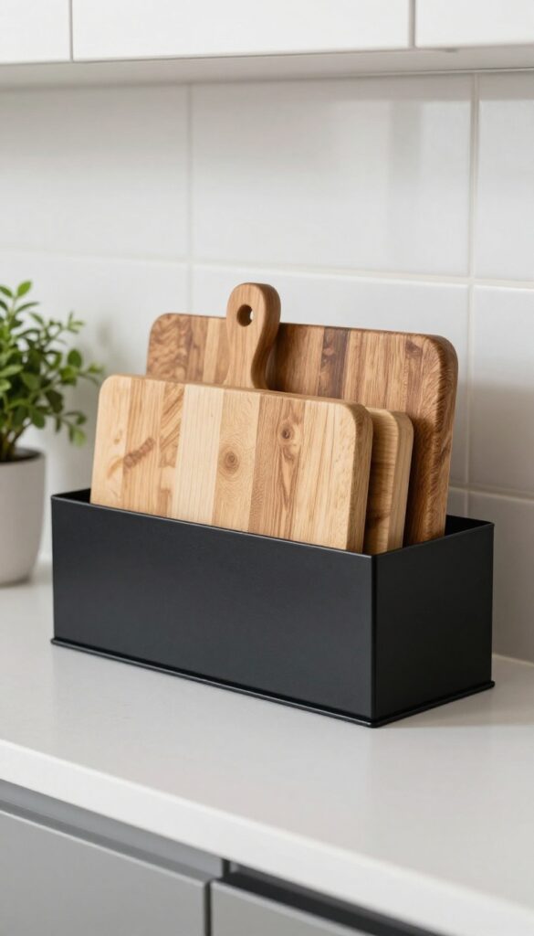 Vertical cutting boards stored in a metal file holder on a kitchen counter, organized and space-saving.