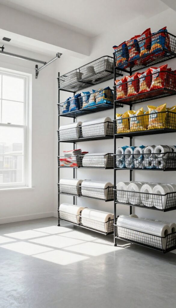 Ceiling-mounted wire baskets in a garage storing lightweight bulk items like chips and paper plates, with natural light and clean composition.